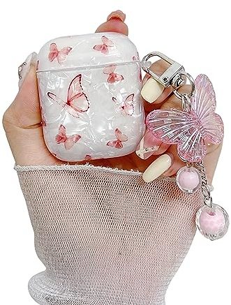 leobray Kompatibel mit AirPods 1 und 2 Hülle für Frauen und Mädchen, niedliches rosa Schmetterlings-Design, weiche TPU-Hülle mit Schlüsselanhänger, staubdicht, stoßfest, Schutzhülle für AirPods 1 und