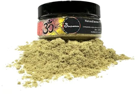 Samsara 100 % naturligt pulverrökelse | Certifierad ursprung, flera användningsområden, parfym, kosmetika | kompatibel för rökelseritningar - återförslutningsbar burk 100ml (Te & AGARWOOD)