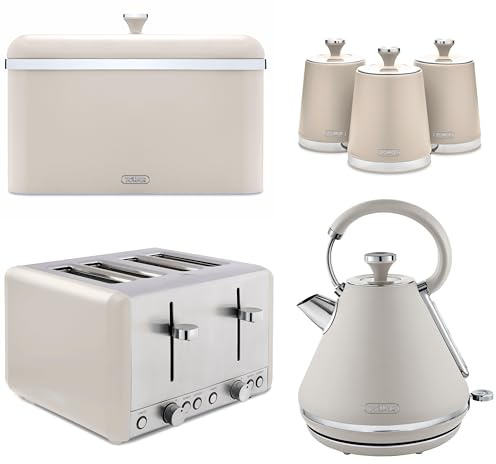 Tower Cavaletto Latte Pyramid Kettle, 4 Slice Toaster, Bread Bin & Canisters Set. Contemporary Matching Kitchen Set of 6 in Latte Colour