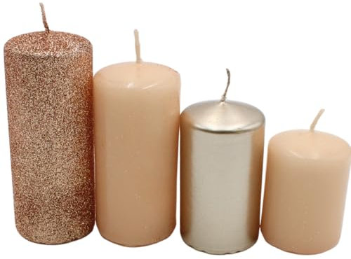 Dekohelden24 Gestufte Stumpenkerzen, Adventskerzen, Adventskranzkerzen, in Nude/Cappuccino, 4 Größen - H 5-10 cm, Ø je 4 cm, 280 gr