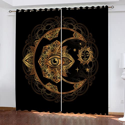 MAYNUO Tende Soggiorno 3D Fiore D'Oro Sole Luna Motivo Tenda Oscurante Bambini, Tende Oscuranti Decorazione Da Finestre Per Camera Da Letto Finestre 280x260 Cm Tende Camera Da Letto Moderne 2 Pezzi