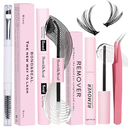 Qiveaory Cils Individues Lash Bond et Seal Kit 4 Pièces Mascara Bricolage avec Colle de Cluster de Imperméable à l'eau 72 Heures de Fixation et d'étanchéité Mascara Remover