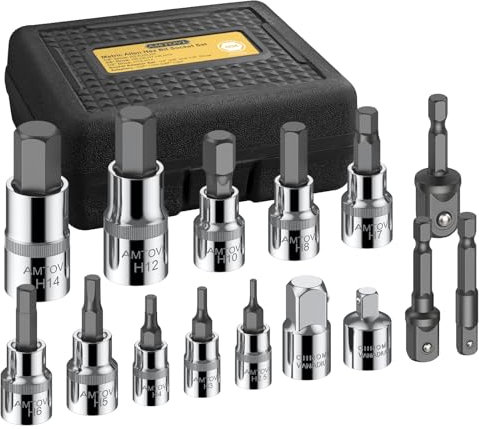 AMTOVL 15-Piece HEX Bit Socket Set - S2 Alloy Steel & CRV Allen Socket Set (1/4, 3/8, 1/2 Drive) with Adapter - Sizes H2.5 to H14 - Versatile for Auto & Professional Use