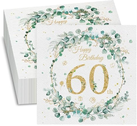 GROVBLE 40 Stück Servietten 60 Geburtstag Mann, Eukalyptus Grün, Happy Birthday Servietten, für deko 60 geburtstag mädchen Junge Geburtstag Feiern Party Jubil, 33 x 33cm