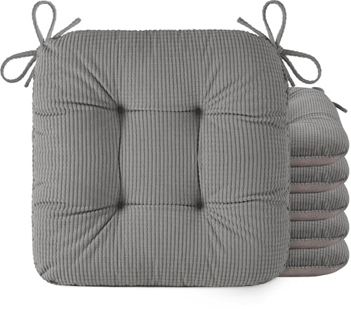 OVOV Dining Chair Cushions Set of 6, 42X40 cm, Non-Slip, Grey | 3/8 cm Thick, with Ties, Soft, Breathable, Tufted, for Kitchen, Dining Room,, for Hard Wooden Chairs, Folding Chairs