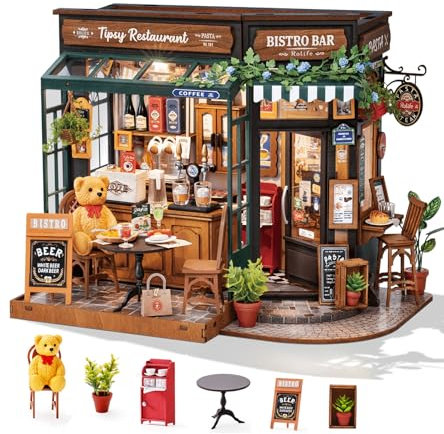Rolife DIY Miniature House Kit 1:18 Coffe&Bar Dollhouse Diorama Model, Build Mini House Building Kit with LED Light Hobby Crafts for Adults Gift for Him Her (Tipsy Restaurant)