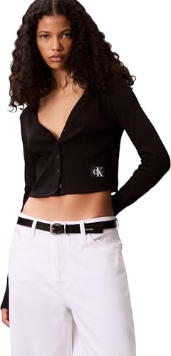 Calvin Klein Donna Giacca in Maglia Woven Label Rib con Chiusura a Bottoni, Nero (Black), S