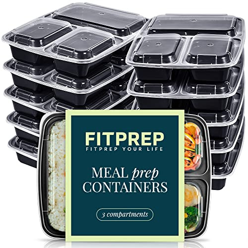 FITPREP 3 Fach Meal Prep Boxen im praktischen10er Pack - Mikrowellen & Spülmaschinenfest, Mehrweg, Luftdichter Verschluss, BPA Frei, Lunchbox, Gefrier-dosen, Tupperdosen Set, Mikrowellengeschirr