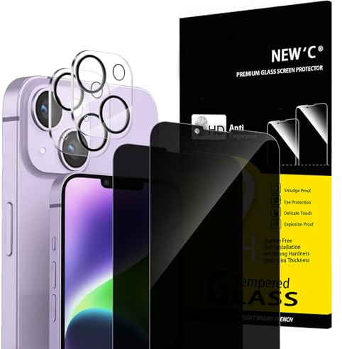 NEW'C 2 x Sichtschutz für iPhone 14 Plus für Panzerglas (6,7 Zoll) und 2x Kamera Panzer Schutz Glas Kameraschutz für iPhone 14 Plus (6,7 Zoll) - 28 Grad verbesserter Sichtwinkel- kratzfest