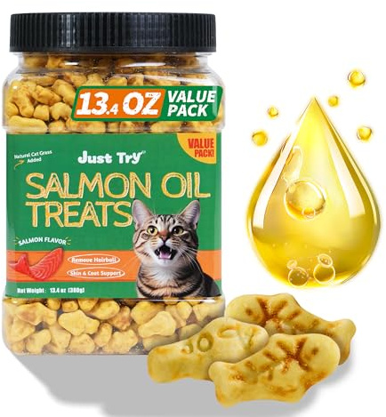 Just Try 13.4 OZ Cat Grass Treats Salmon Oil Natural Salmon Kitten Healthy Cat Treats Training Biscuits Snacks Fish Oil Omega 3 Supplements for Cats Joint Support & Skin Coat Health