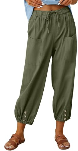 CheChury Pantaloni Donna Estivi Cotone e Lino Lunghi Pantaloni Elastica Vita Alta Eleganti Pantaloni Leggeri Elastico Pantaloni Donna Tinta Unita Casual con Coulisse Pantalone da Spiaggia con Tasche