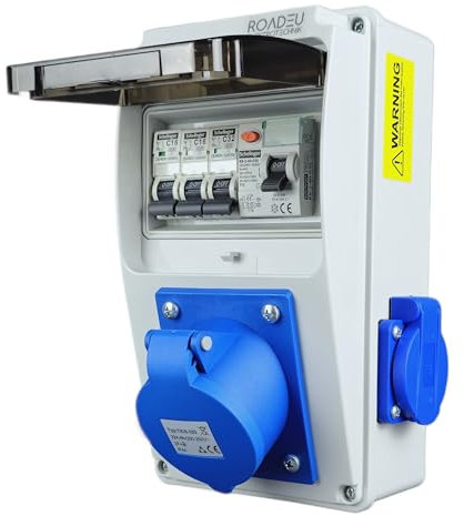RoadEu - Distributore di corrente a 230V. Presa monofase CEE 32A 3P e 2x prese con interruttore automatico Distributore di prese con interruttore FI. Prese integrate con scatola di fusibili