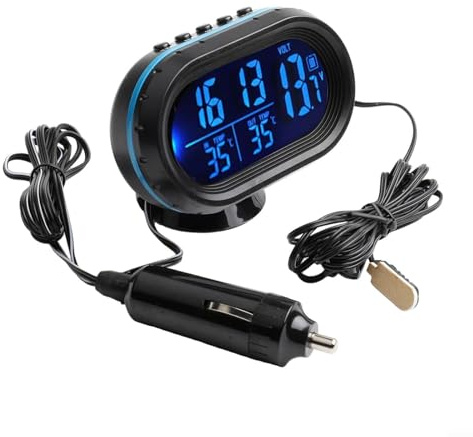 Station Météo Numérique 12V Montre Voiture Thermomètre et Voltmètre Combiné (Bleu) Montre Multifonctionnel pour Voiture Voltmètre, Thermomètre de Voiture Horloge Électronique Montre Lumineuse