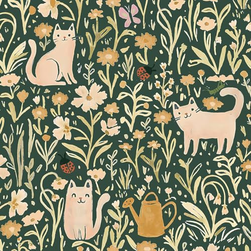 CiCiwind Selbstklebende Tapete Grün Blumen Tapeten 41×500cm Gelbe Blume und Katze Muster Tapete Verdickung Möbelfolie Selbstklebend Wohnzimmer Schlafzimmer Kinderzimmer Vinyl Klebefolie