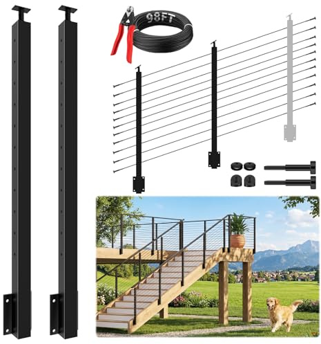 Gyykzz 2 Pack Complete Set Side Mount Stair Cable Railing Post Kits 44 for 36/42 Railing System, All Black Space-Saving Right Side Fascia Mount 33° Deck Stair Post Fit for 28-38 Degree Stairway