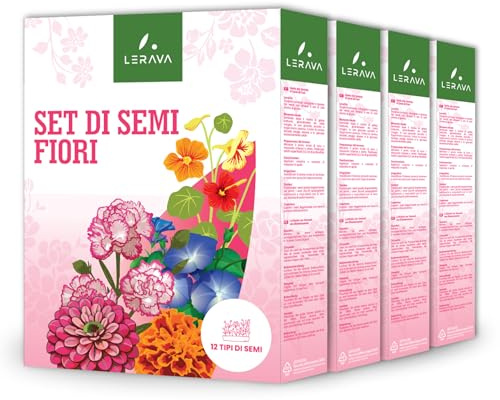 LERAVA® Set di Semi Fiori - 4x[12 Varietà] - Margherita, Nasturzio, Zinnia, Tagete, Calendula, Garofano, Myosotis, Astro, Mix Prato Giapponese, Cosmea, Ipomea, Lupino - semi prato fiorito