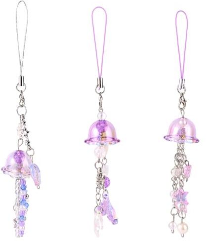 Lyreh 3pcs Purple Jellyfish Phone Charms, Aesthetic Y2K Cell Phone Wrist Strap Cute Lanyard Accessories Charm for Camera Bag Keychain Wallet Pendants Decor (3 Designs)