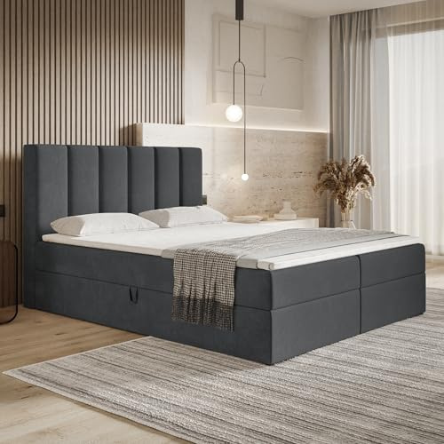 MOTIVENA Santiago Boxspringbett 120x200 Grau Samt, mit Taschenfederkern-Matratze (H3), mit T28 Komfortschaumstoff Topper (H3), Boxspringbett 120x200 mit Bettkasten Grau (Anthrazit)