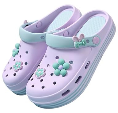 Damen Clogs Hausschuhe Gartenschuhe Sommer Badelatschen Strand Schuhe Sandalen Pantoletten, Plattform Clogs Damen, Sommerschuhe Mit Blumen Schmuck (Veilchen Lila,37)
