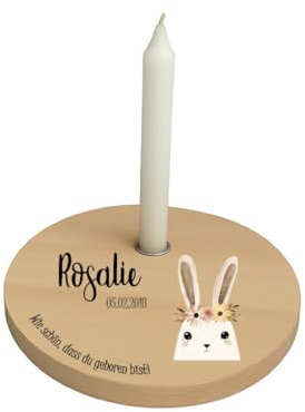 minimutz Geburtstagsteller Holz für Kinder, Personalisiert mit Name, Kerzenteller buntes Motiv Boho Tier Hase, Geburtstagskranz Set mit Kerze, Alternativer Geburtsagszug