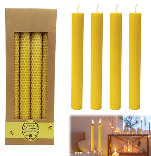 Musiook 4 PCS Premium Beeswax Candles Set, Yellow Candle Sticks, 100% Pure Beeswax Candle Gift for Home, Handmade Natural Dinner Candles, Honeycomb Texture, Long Burning, Eco-Friendly