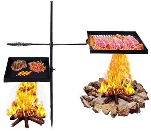 Swivel Campfire Grill Grate Over Fire Pit, Open Fire Cooking Equipment Portable Camping Cookware Camp Fire with Height Adjustable Grill Grate, Grill Pan and Carry Bag (Black)