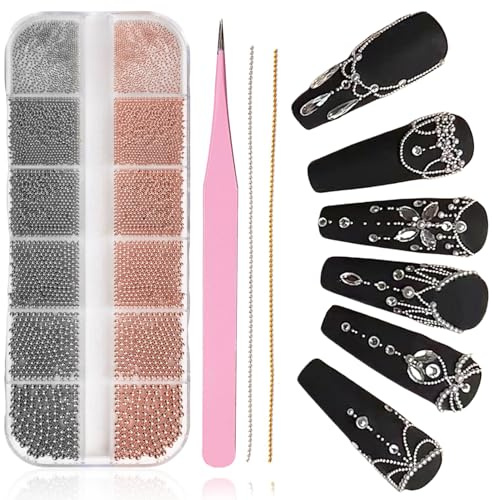 Kinretixia 5680 pièces de perles de caviar pour ongles, 12 degrés or rose et noir, charms pour ongles, perles de caviar pour ongles, chaînes pour nail art, perles pour accessoires de nail art