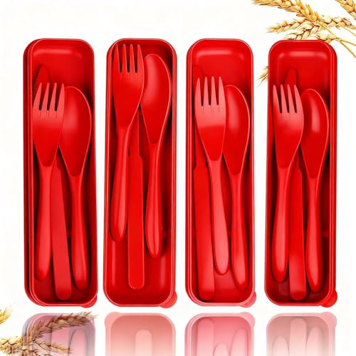 Travel Utensils Set - Reusable 4 Sets Plastic Cutlery with Case (4 Red) | Forks Spoons and Knives Set , Eco-Friendly BPA Free ,Portable Camping Utensil Set for Office Lunch School Picnic or Daily Use