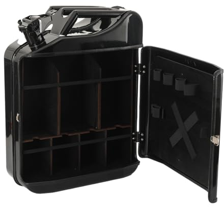 TABODD 20L Kanister Mini Bar mit 4 Herausnehmbaren Fächern, Jerrycan Schwarzer Metall Mobile Bar Minibar Schrank Weinlagerung mit Flaschenhalter für Männer Papa, Abschließbarer - 36x47x17cm