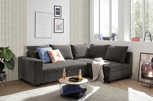 Ecksofa L-Form aus Cordstoff mit Schlaffunktion, braun (Mocca) – Liegefläche 147 × 207 cm, Breite 243 cm, Sitzhöhe 45 cm, Modell MIRA