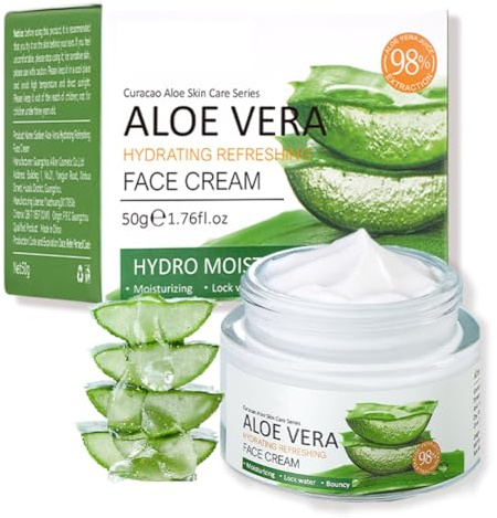 Face Cream, 98% Aloe Vera Gel for Face - Aloe Vera & Hyaluronic Acid Moisturiser - Day & Night Face Cream for Women & Teenage Girls - All Skin Types, Anti-Aging, Soothing for Summer & Winter Care 50g