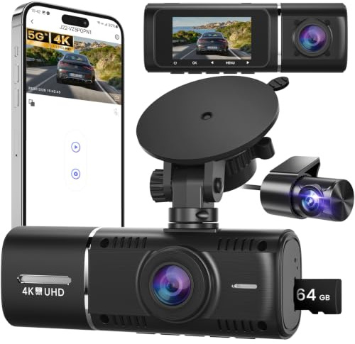 Dashcam Auto Vorne Hinten, 4K+1080P Dash Cam mit 1,97 IPS-Bildschirm | 5GHz WiFi Auto Kamera mit 64GB SD Karte, Nachtsicht, Loop-Aufnahme, 170° Weitwinkel, WDR, G-Sensor, APP Steuerung, Max 256GB
