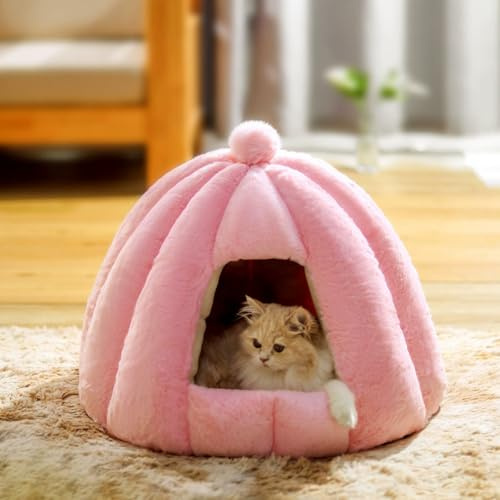 Katzen- und Hundehöhle, tragbares Iglu-Zelt, mit abnehmbarem, waschbarem Kissen, halbgeschlossen, für kleine und mittelgroße Katzen, warmes Hundehütte (Rosa, L - 56 x 48 cm)