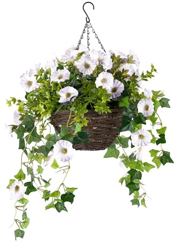 CHRISTOW Artificial Petunia Hanging Basket, White, 25cm | Ready to Hang Wicker Basket, Realistic Petunias, Gypsophila & Ivy, UV-Protected Foliage, Triple Steel Hanging Chain with Hook