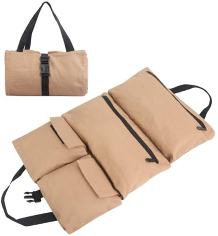 Sac à outils enroulable en toile robuste avec fermeture à boucle et 5 poches zippées organisées – Rangement compact pour douilles, tournevis et jauges (kaki)