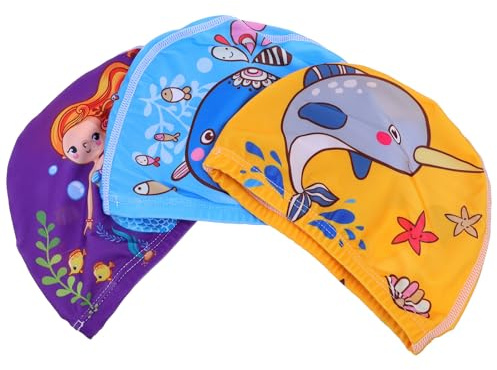 Amosfun Gorros de Natación Infantiles Estampados 3 Piezas (Mermaids, Delfines) Elásticos Poliéster Transpirable para Piscina y Baño Niñas
