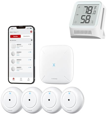 X-Sense Smart Wassermelder mit Batterie,WLAN Hygrometer Thermometer Innen mit LCD-Display, 5 Sensoren und Basisstation SBS50