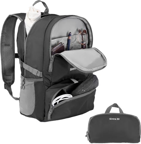 Trail Foldable Backpack, Lightweight Packable Rucksack, 30L, Black | Ultralight Foldable Travel Backpack, Ripstop Polyester, Multiple Pocket Storage, Bottle Holders, Compression Straps, USB Port