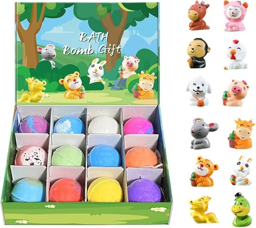 12 Pack Natural Bath Bombs for Kids with Mega Bubbles & Surprise Inside,Ocean Bath Bombs with Toys Inside,Easter Basket Stuffers for Boys & Girls (Zodiac Animals)