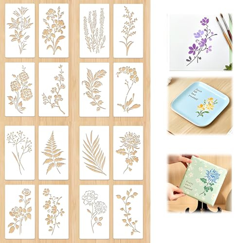 VZU 16 Stück Wiederverwendbare Malschablonen Set, 17.6 x 9.7cm Blumen & Blätter Schablonen für DIY, Holz, Möbel, T-Shirt, Kunststoff, Textilgestaltung