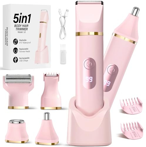 Rasierer Damen,5-In-1 Intimrasierer für Frauen,Gesichtshaarentferner für Frauen,Damenrasierer Elektrisch für Beine, Arme, Achseln und Bikinizone,Wiederaufladbarer Ipx7 Wasserdicht Trimmer Damen,Rosa02