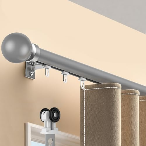 Tyst väggmonterad dubbel gardinstång – 2,5 m aluminiumlegering draperispår med runda ändstycken, perfekt för sovrum, vardagsrum eller rumsavdelare – grå och elegant design