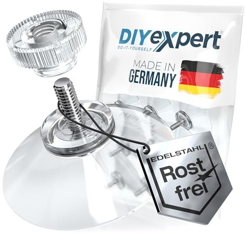 DIYexpert® - Ganci con Ventosa, Diametro 50 mm, con Filettatura M4 x 10 mm, 4 Pezzi, con Dadi zigrinati Trasparenti, Realizzati in Germania