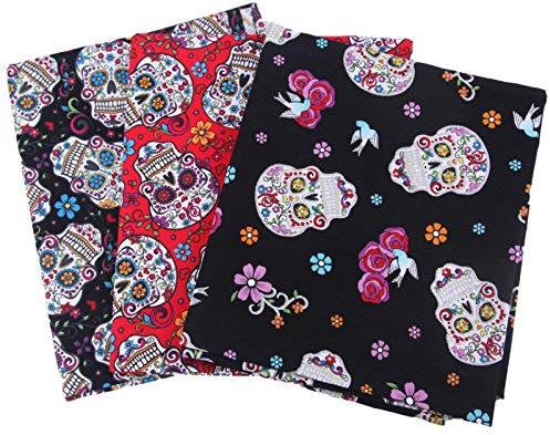 Hongzhi Baumwolle - 3 Stück 50 x 50 cm Halloween Baumwollstoff - Totenkopf, Geister, Vögel und Blumendrucke - DIY Floral Stoff Patchwork - Fat Quarters Quilten Stoffpaket zum Quilten Nähen