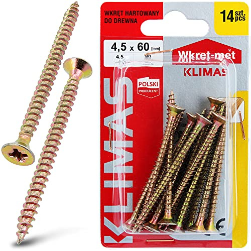 KLIMAS Gehärtete Holzschrauben Spanplattenschrauben Senkkopf mit PZ-Kreuzschlitz 4,5 x 60 mm 14 Stück Flachkopf Selbstschneidende Schrauben Set Universalschrauben Terrasenschrauben Edelstahlschrauben