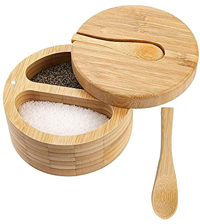 CDIYTOOL Bamboo Salt and Pepper Box, Wood Spice Storage Box Jars with Lids Spoon, Double Grid Seasoning Pot Tea Caddy Sugar Bowl for Kitchen Holder, Light Brown