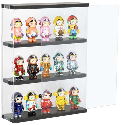 Nynelly 3 Ebenen Vitrine für Sammlung aus Acryl, Wand-Box, transparente Vitrine mit Tür für Mini Funko Pop, Figur, 29,3x8,5x38cm, Schwarz