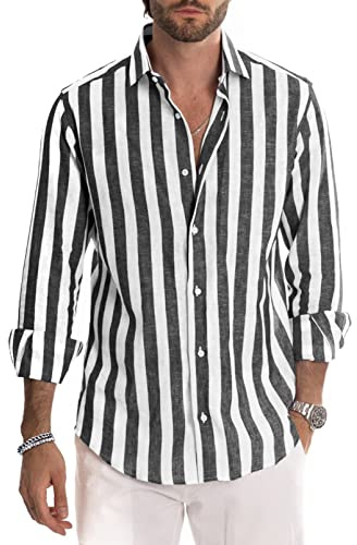 Meilicloth Herren Hemd Langarm Sommer Gestreifte Freizeithemden Casual mit Knöpfen Regular Fit Schwarzgrau Weiß L