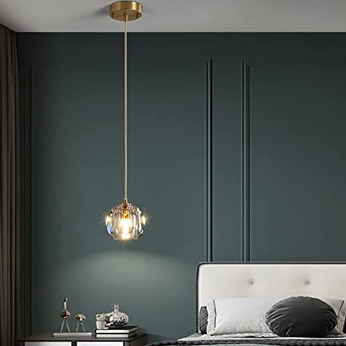 RCYF Modern Single Head Crystal Glass LED Hanging Light Luxury Wrought Iron Pendant Lamp Long Line Small Pendant Light Nordic Bedroom Bedside Small Chandelier G9