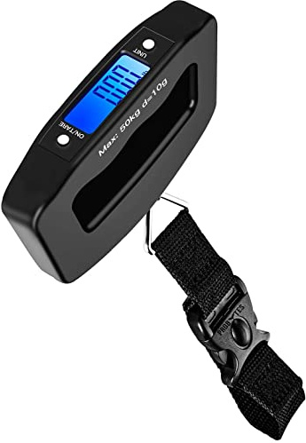 Digitale Gepäckwaage 50 kg (kg/g/lb/oz), elektronische Reisewaage mit hintergrundbeleuchtetem Display/Tara/Daten-Hold-Funktion, Handheld (Gepäckwaage – Schnallenriemen)